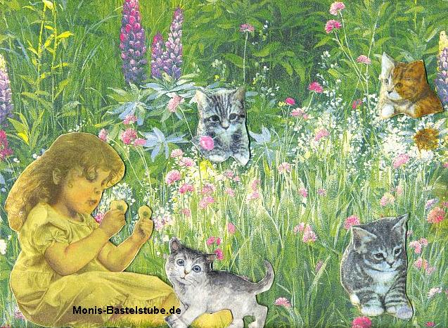 Wandbild mit Serviettentechnik - Mädchen mit Katzen