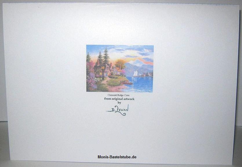 Grußkarte. Cottage am Meer. Rückseite. Mit Dennis Lewans - by the Waters Edge..jpg