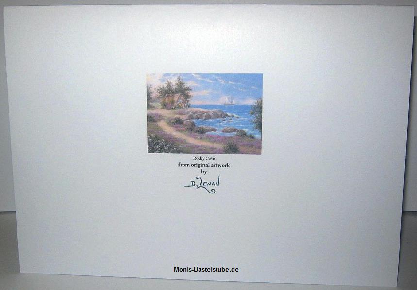 Grußkarte. Meeresbucht mit Cottage. Rückseite. Mit Dennis Lewans - by the Waters Edge..jpg