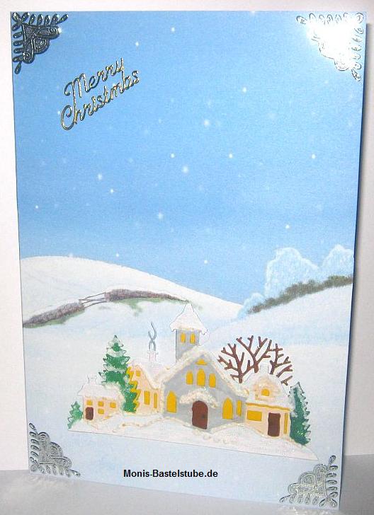 Grußkarte. Winterdorf-Kirche-in-den-Bergen..jpg