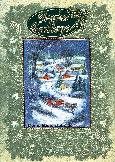 Grußkarte - verschneites Winterdorf mit Metall-Gravur
