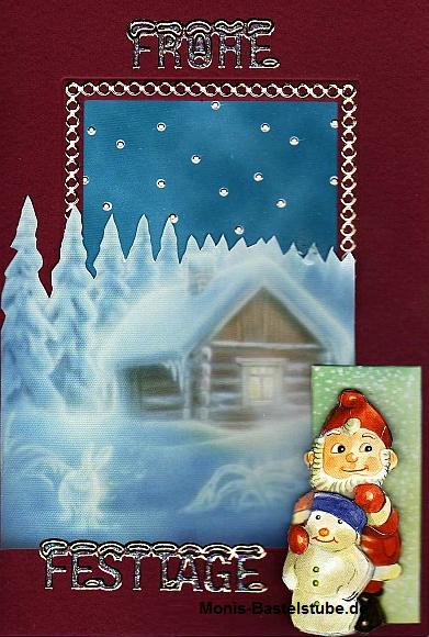 Grußkarte - winterliche Hütte mit Zwerg und Schneemann