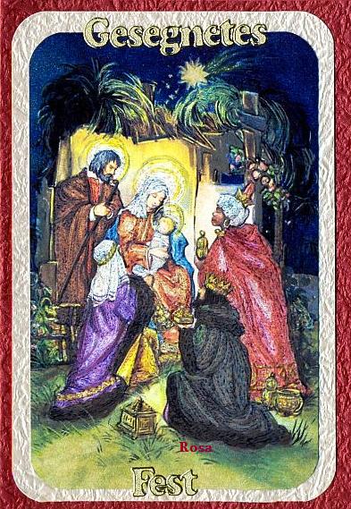 Nun möchte ich euch meine Karte die Heiligefamilie zeigen. Durch mein Rheuma kann ich noch nicht soviel machen, ich habe eine Doppelkarte genommen und ein anders farbiges Papier aufgeklebt, die Ecken abgerundet und ein Metall Gravur Bild aufgeklebt, auch