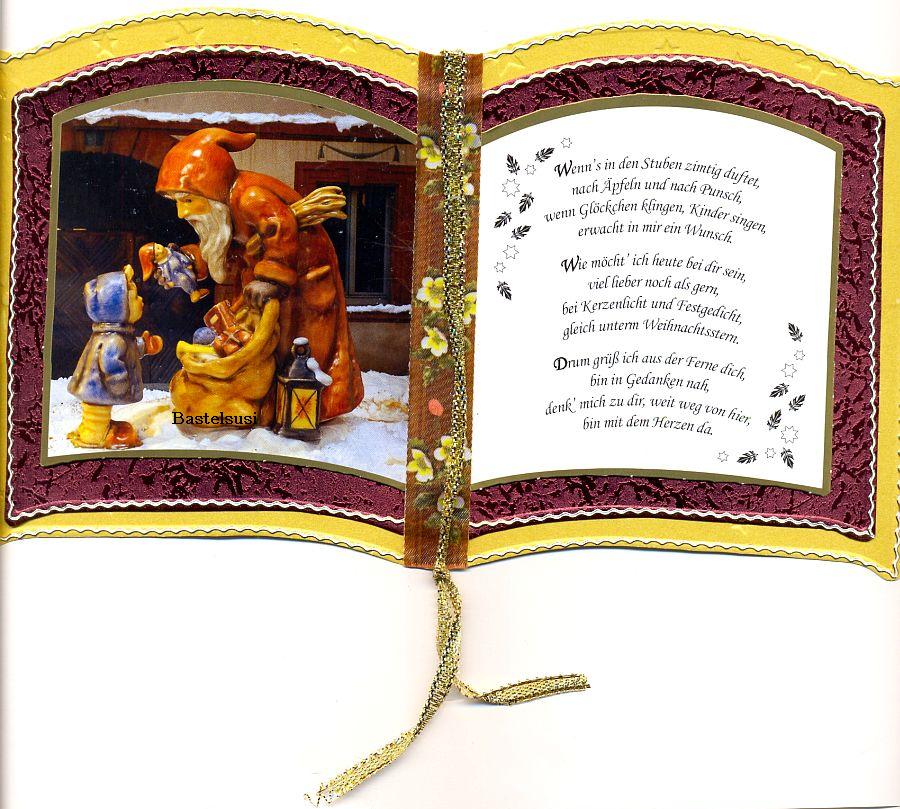 Bei unserer Wettbewerbskarte habe ich mich für eine Buchkartenform entschieden. Da ich noch einige Buchkartenmotive vorrätig hatte haben sich meine Kinder das Motiv mit dem Weihnachtsmann ausgesucht. Das ganze habe ich mit Stickerrändern und einem Goldban