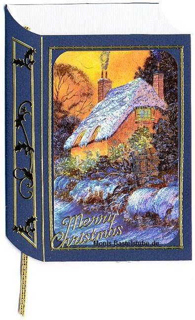 Buchkarte - verschneites Cottage - mit Metall-Gravur