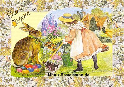 Grußkarte - Maedchen im Garten und Osterhase - mit Glanzbild
