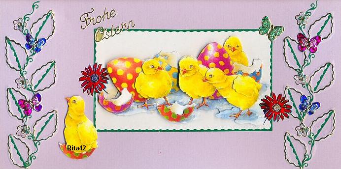 Rita42. Osterkarte mit 3D Motiv und Embossingrändern.