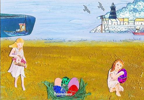 Ostern am Strand von Bastelsusi. Diese Karte wurde mit Strukturpaste, Acrylfarbe, Metall-Gravur Bildern und Motiven gestaltet.