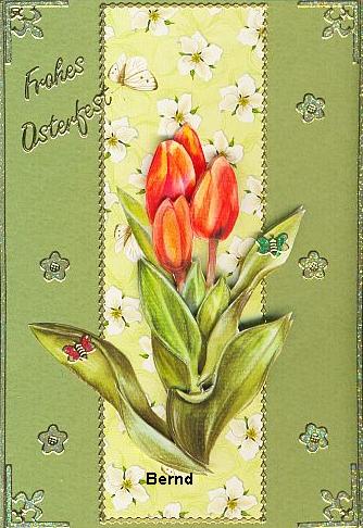 Tulpenkarte für Ostern mit Hintergrundpapier und Stickern von Bernd.